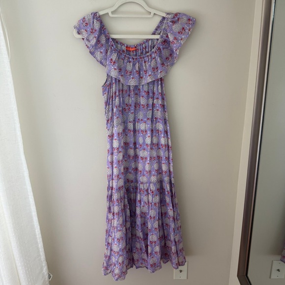 Oliphant Dresses & Skirts - Oliphant Lavender Floral Cotton Smocked Ruffle Off Shoulder Midi Dress Medium